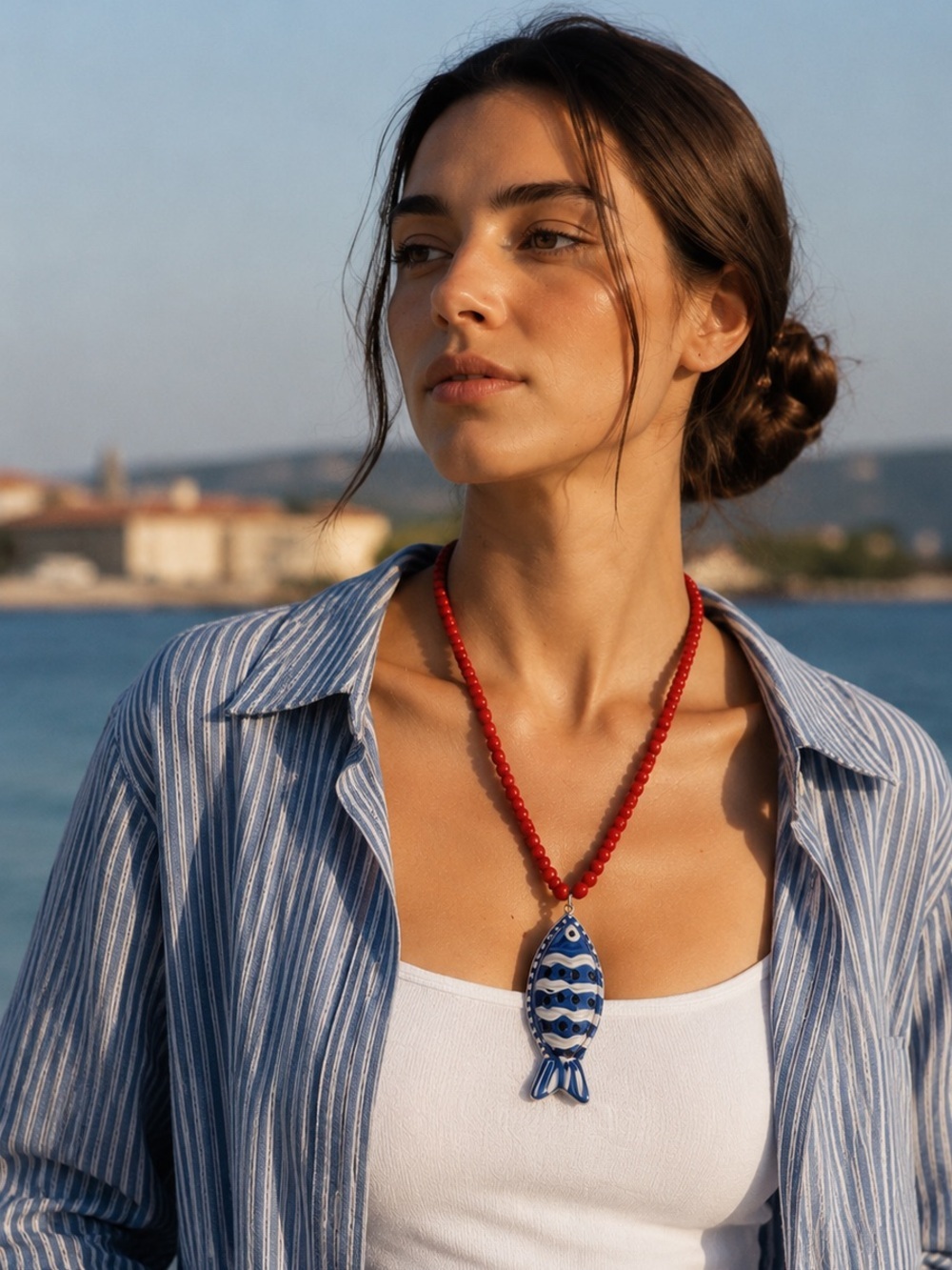 Red Beaded Necklace with Blue Fish Pendant - Women Jewelry